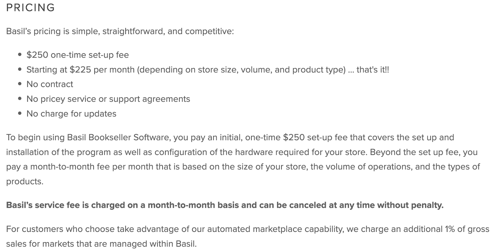 Picture illustrating the pricing structure of Basil, known as one of the best POS system for bookstores. 