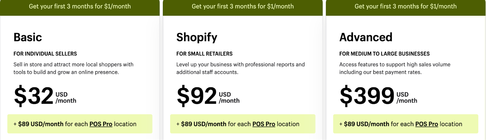 Picture illustrating the pricing structure of Shopify POS for online stores and in-stores, known as one of the best POS system for bookstores. 