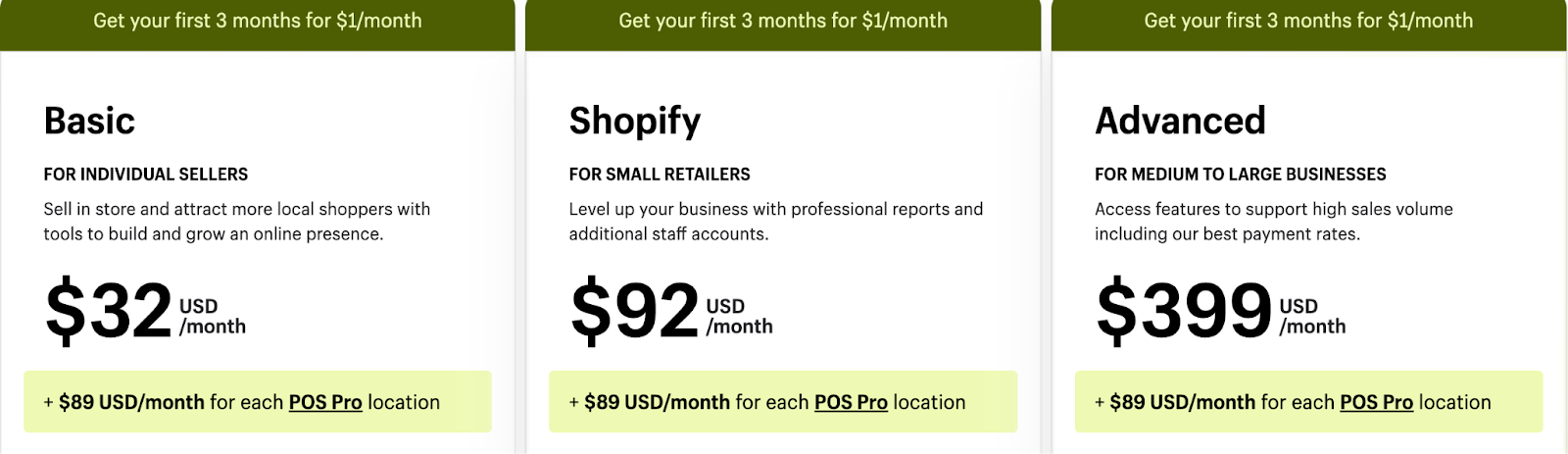 Picture illustrating the pricing structure of Shopify POS for online stores and in-stores, known as one of the best POS system for bookstores.